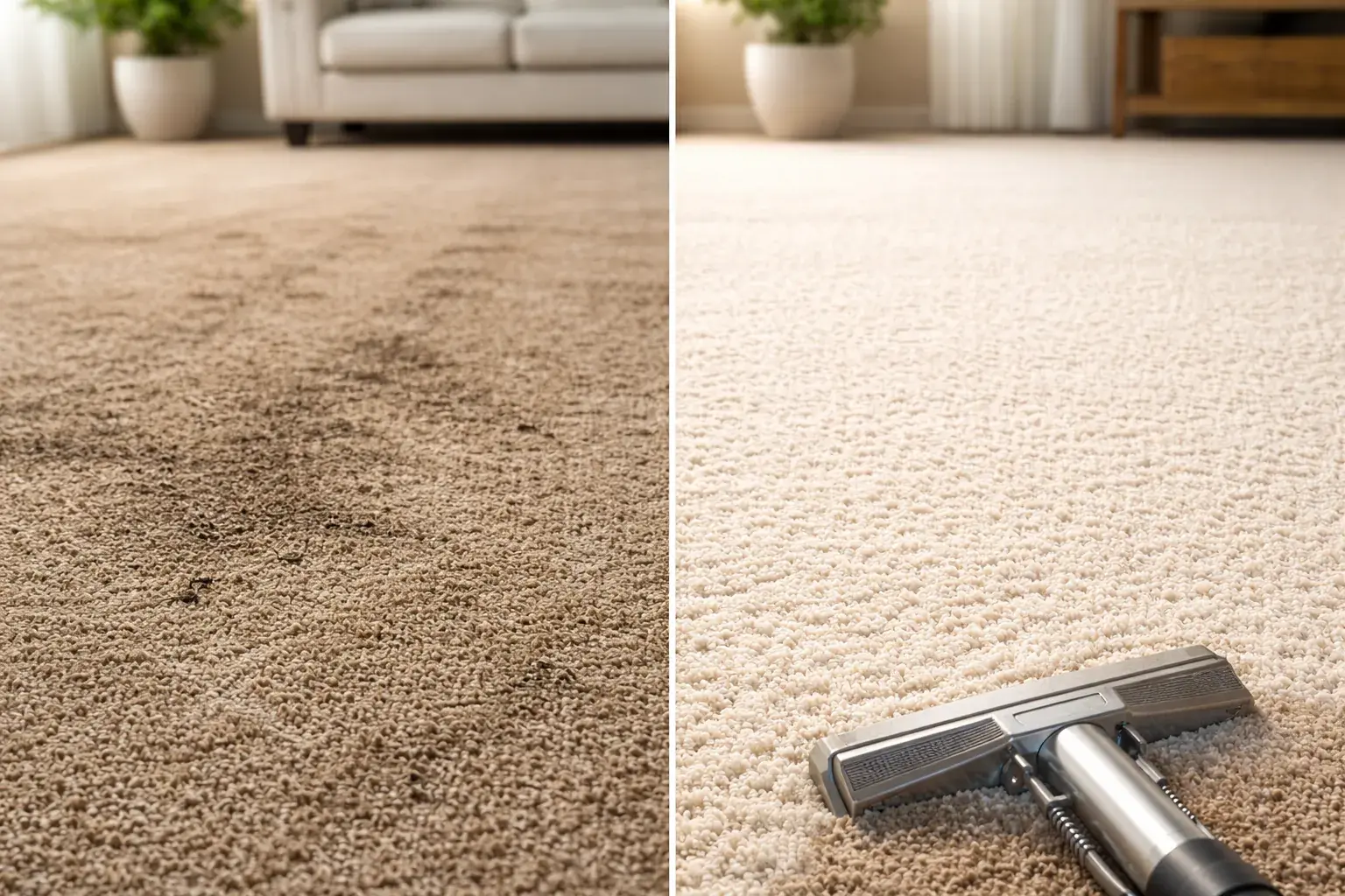 Before and after: matted, dirty carpet restored to clean and fluffy