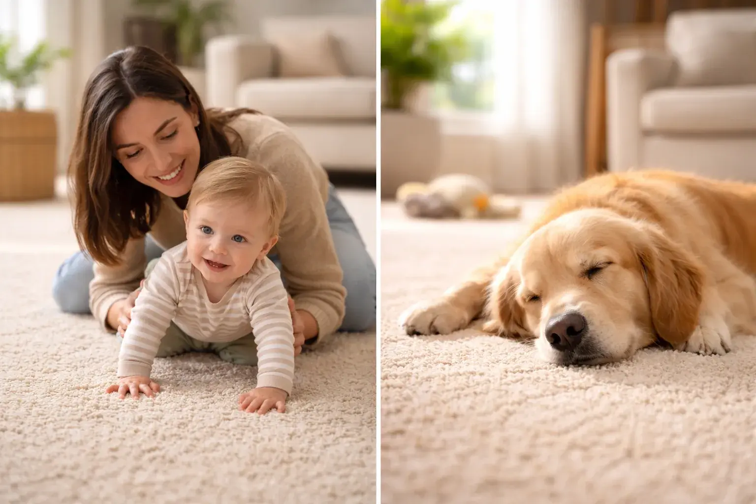 Family and pets relaxing on freshly cleaned carpet