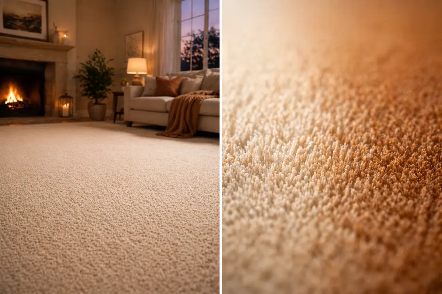 Clean residential carpet next to fireplace and close-up of fibers