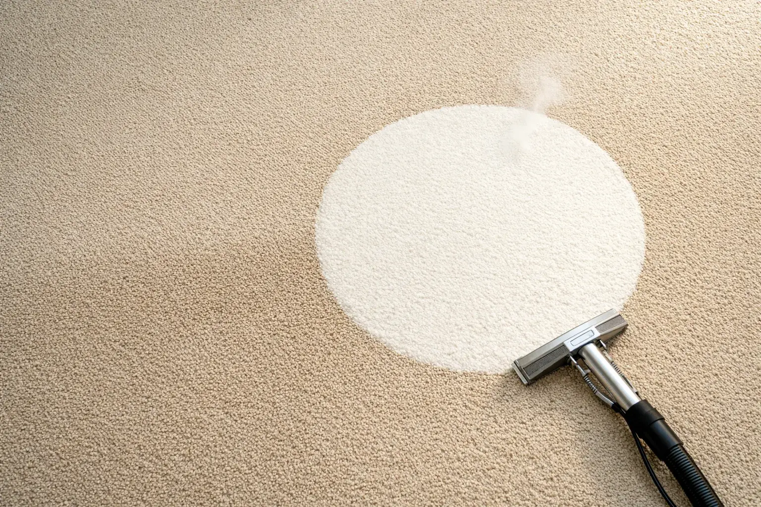 Truck-mount carpet cleaning wand extracting a circle of clean carpet